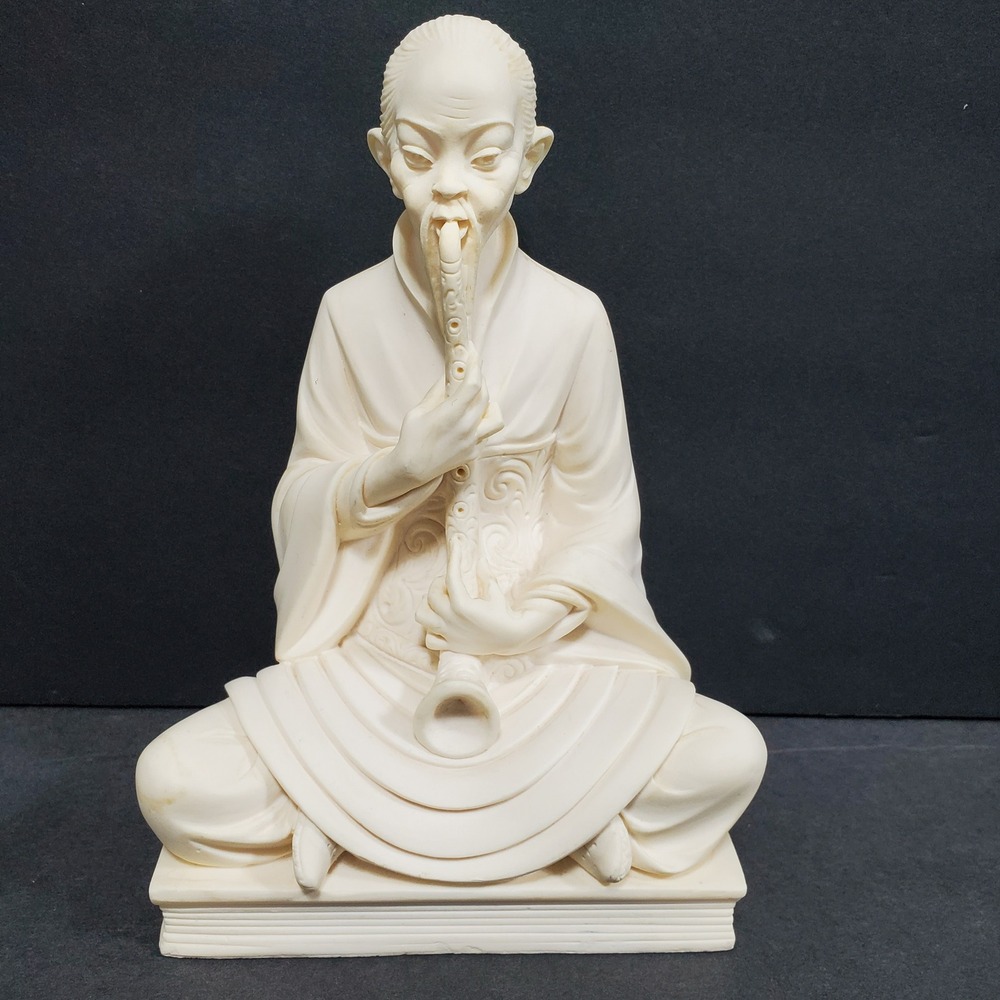 A. Giannelli Vintage Ivory Monk Statue Musician Playing Flute on Book Base 6.5in